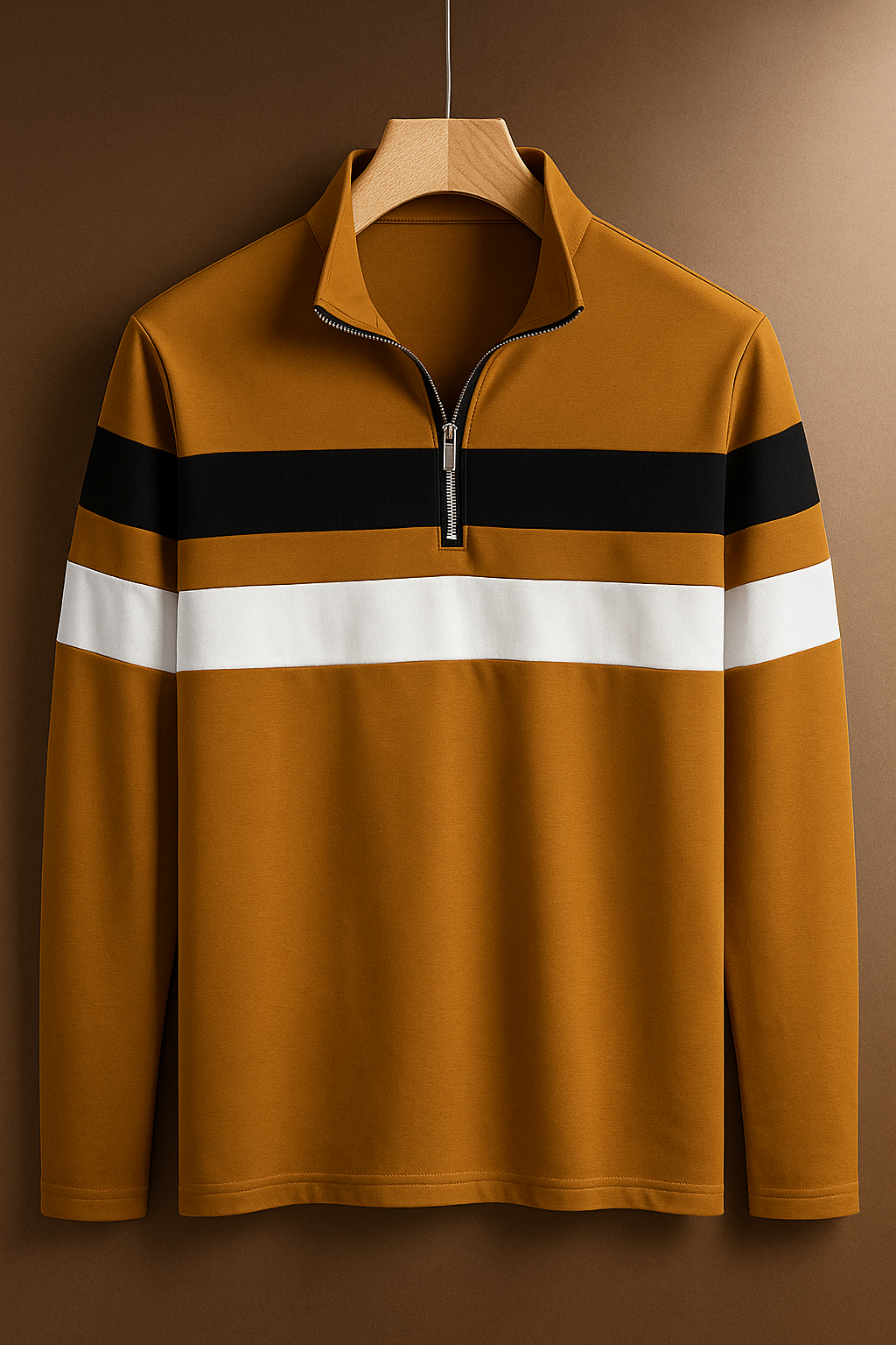Mustard Full Sleeves Half-Zip Striped Jersey T-Shirt