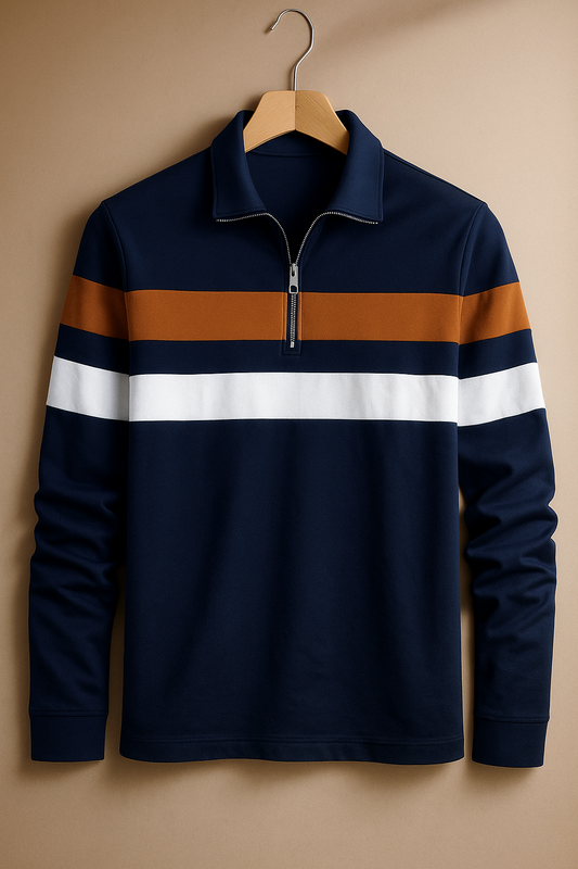Aqua Blue Full Sleeves Half-Zip Striped Jersey T-Shirt