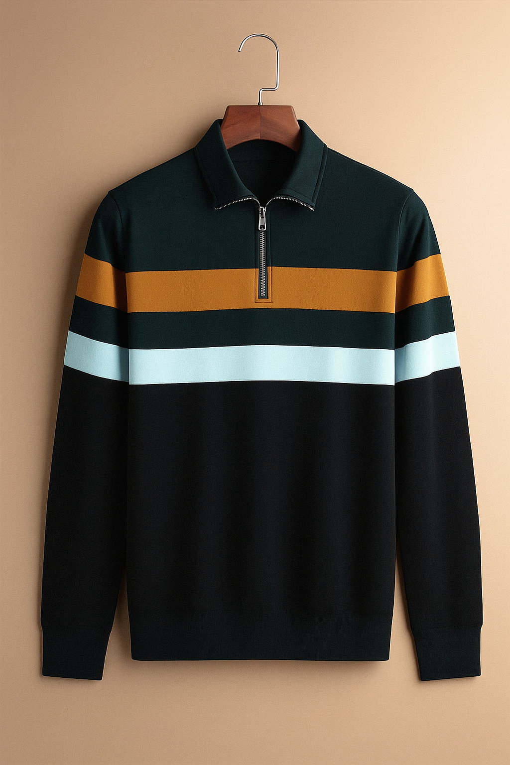 Black Full Sleeves Half-Zip Striped Jersey T-Shirt