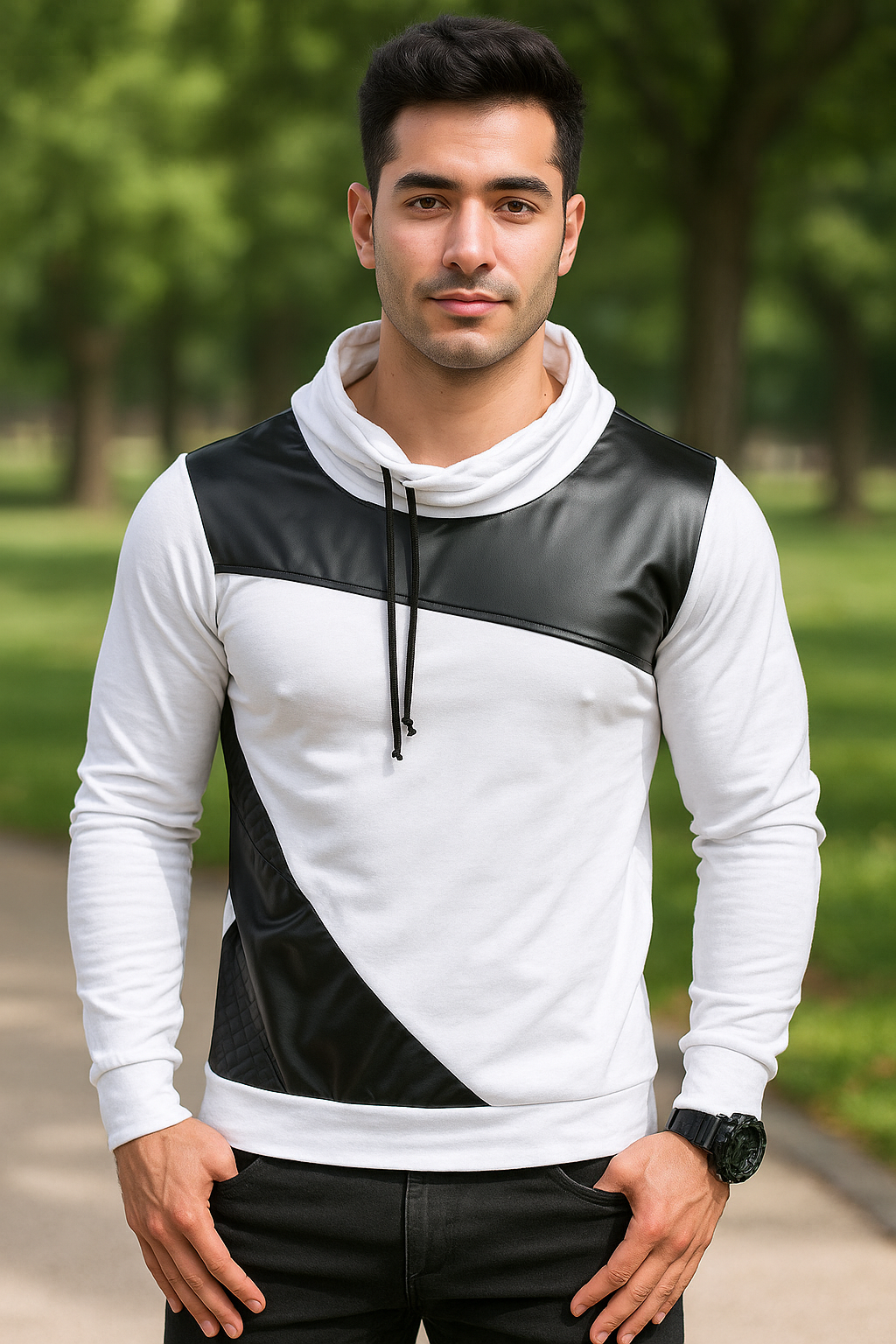 Modern White & Black Panel Hoodie