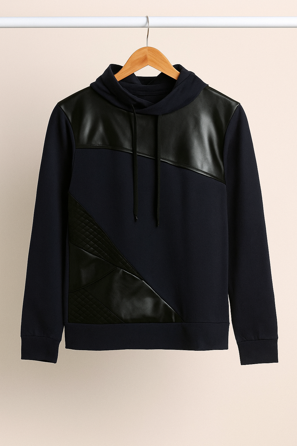 Modern Black & Blue Panel Leather Hoodie