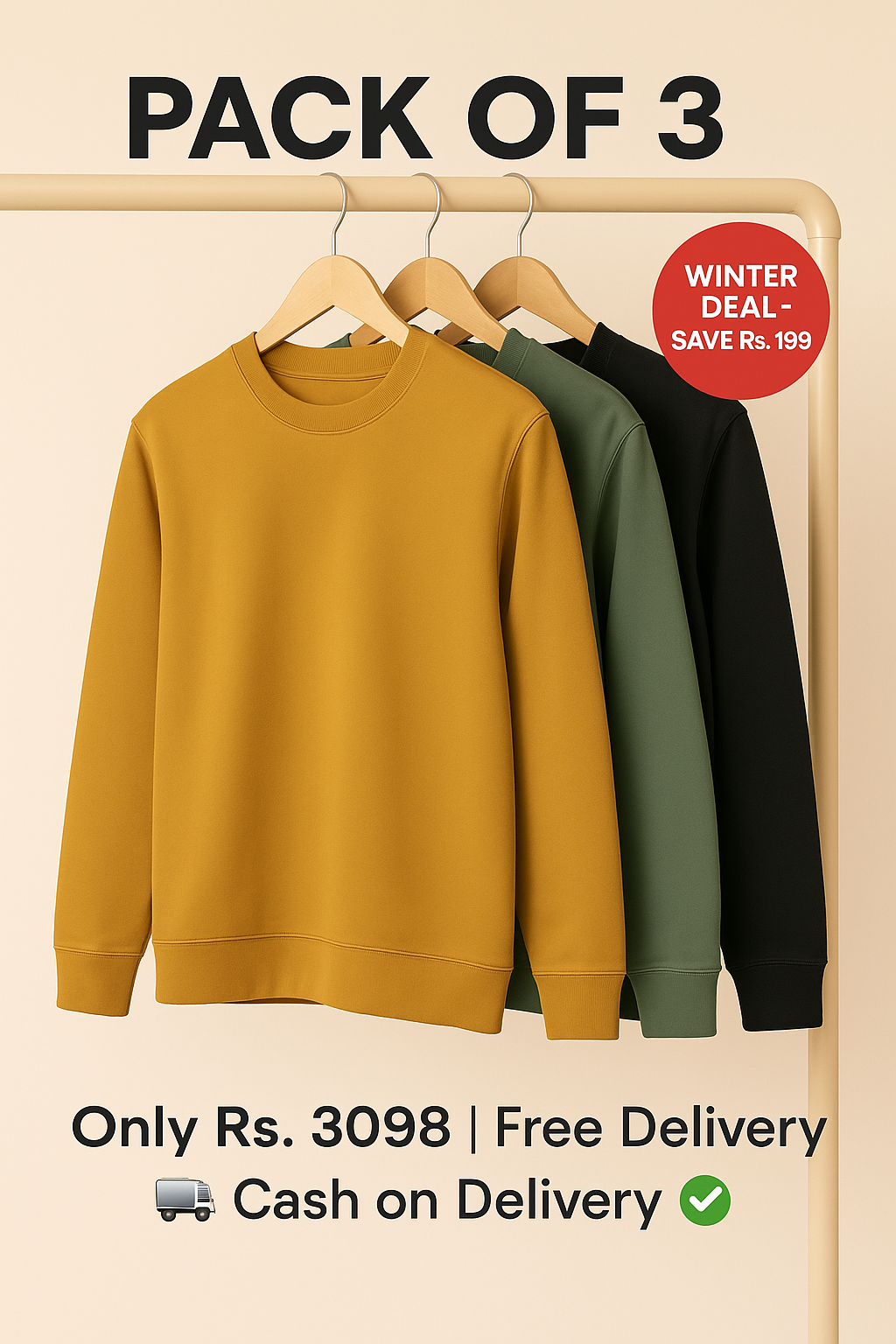 Pack of 3 Sweatshirts (Mustard + Royal Green + Black) – Rs. 3499