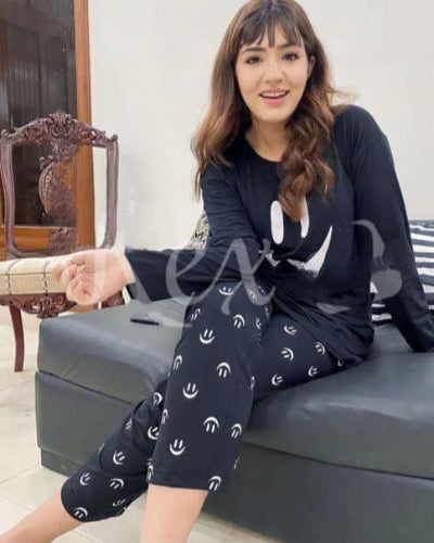 Black Smile Print Nightwear Set