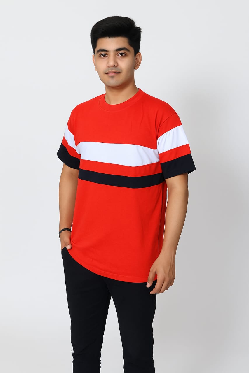 "Men's Color Block Crew Neck T-Shirt - Red, White & Black"