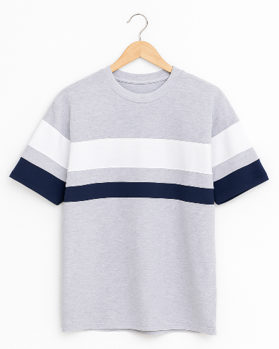 "Men's Color Block Crew Neck T-Shirt - Grey, White & Navy Blue"