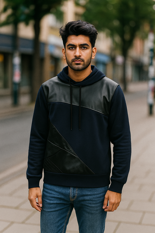Modern Black & Blue Panel Leather Hoodie