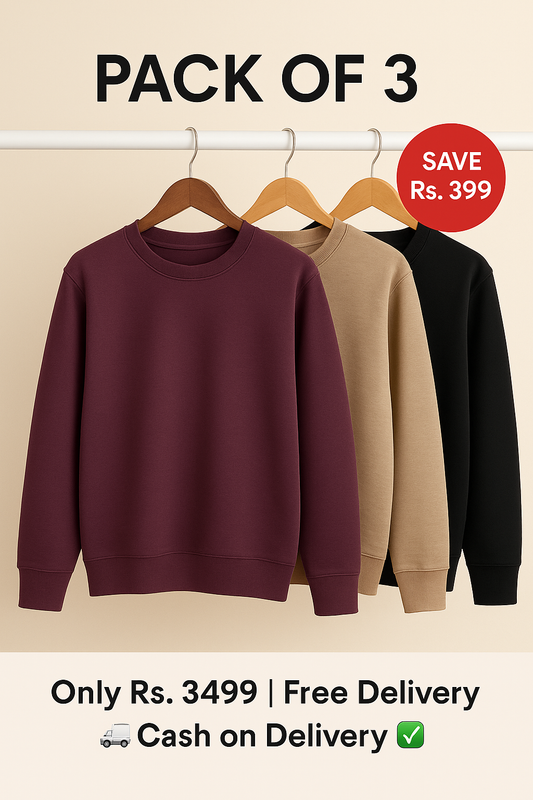 Pack of 3 Sweatshirts (Purple + Beige & Black) – Rs. 3499