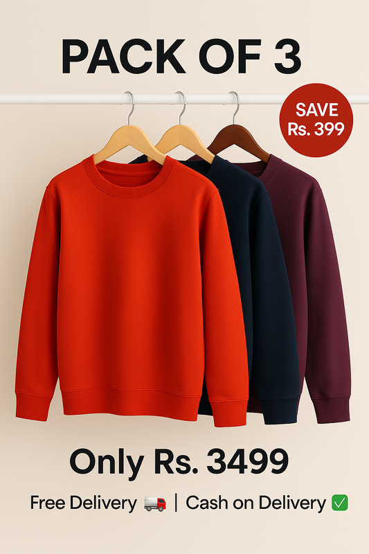 Pack of 3 Sweatshirts (Red + Navy Blue + Purple) – Rs. 3499