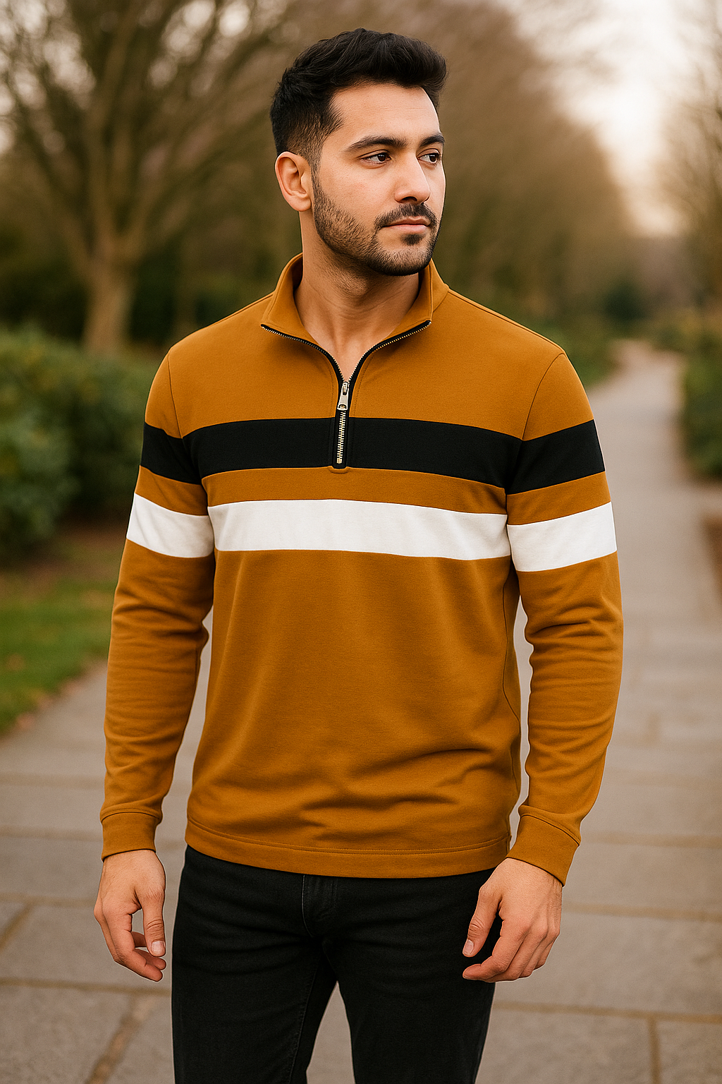 Mustard Full Sleeves Half-Zip Striped Jersey T-Shirt