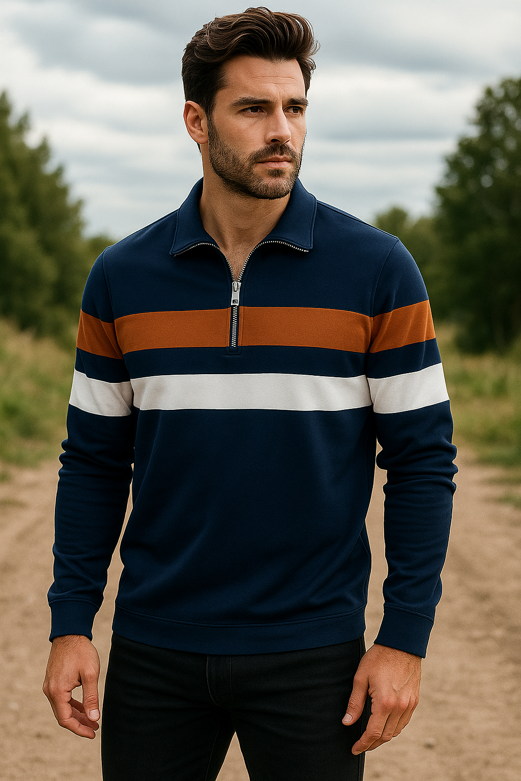 Aqua Blue Full Sleeves Half-Zip Striped Jersey T-Shirt