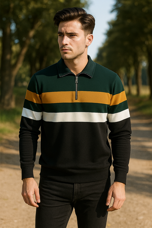 Black Full Sleeves Half-Zip Striped Jersey T-Shirt