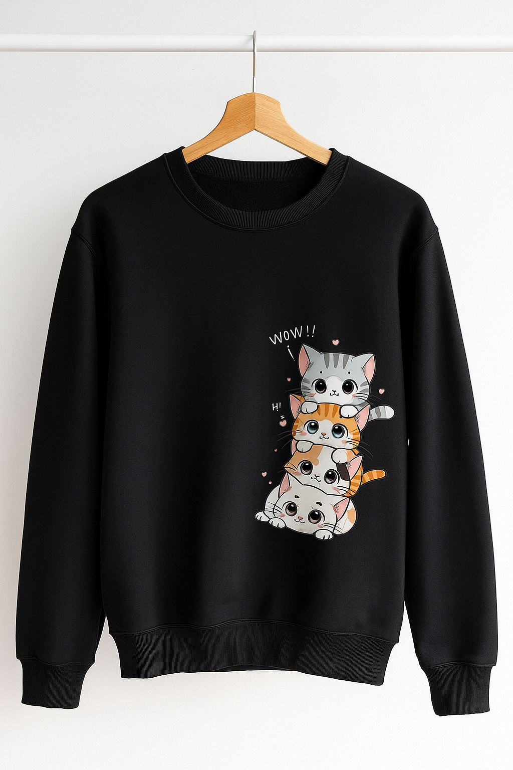 Cute Cat Stack Graphic Black Sweatshirt