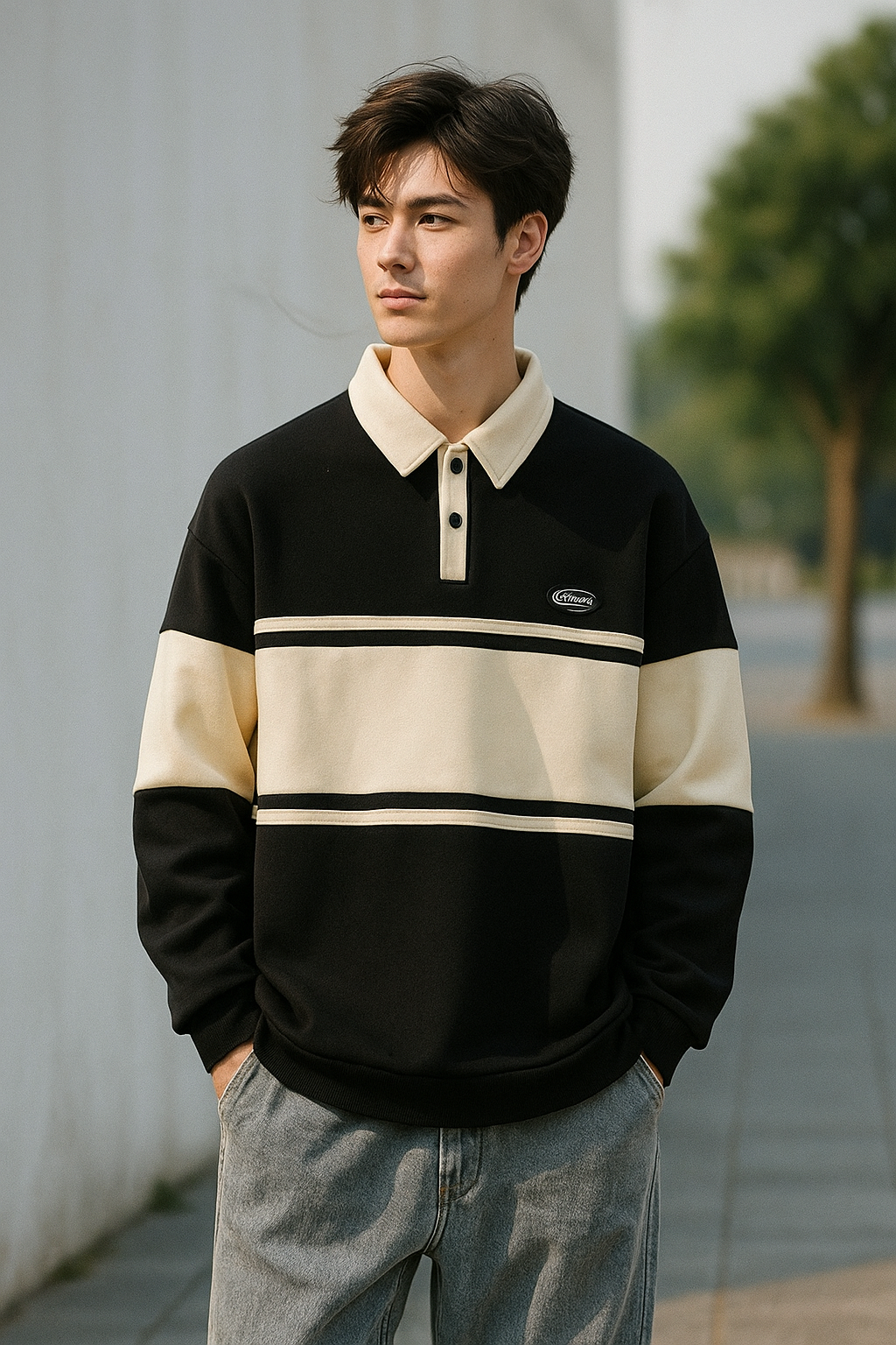 Black & White Contrast  Sweatshirt – Casual Winter Fleece