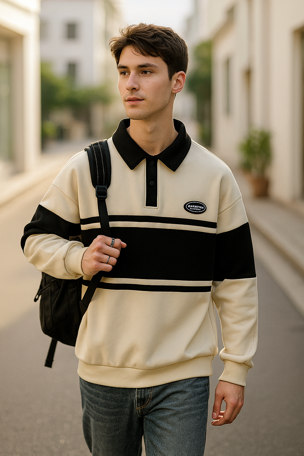 Cream & White Contrast  Sweatshirt – Casual Winter Fleece