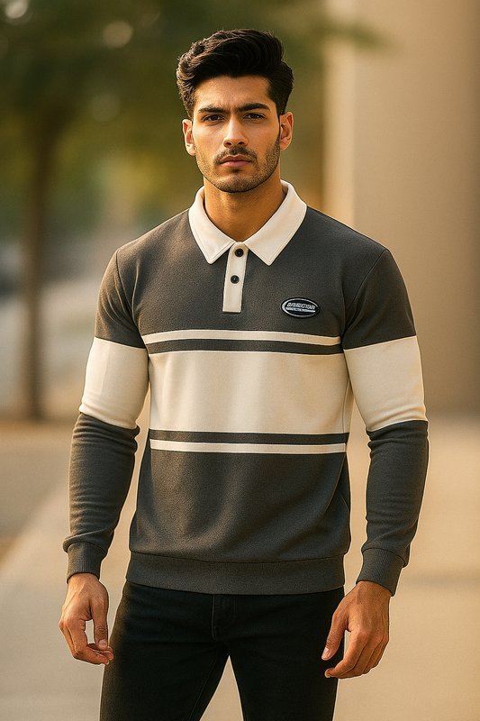 Grey & White Contrast Polo Sweatshirt – Casual Winter Fleece