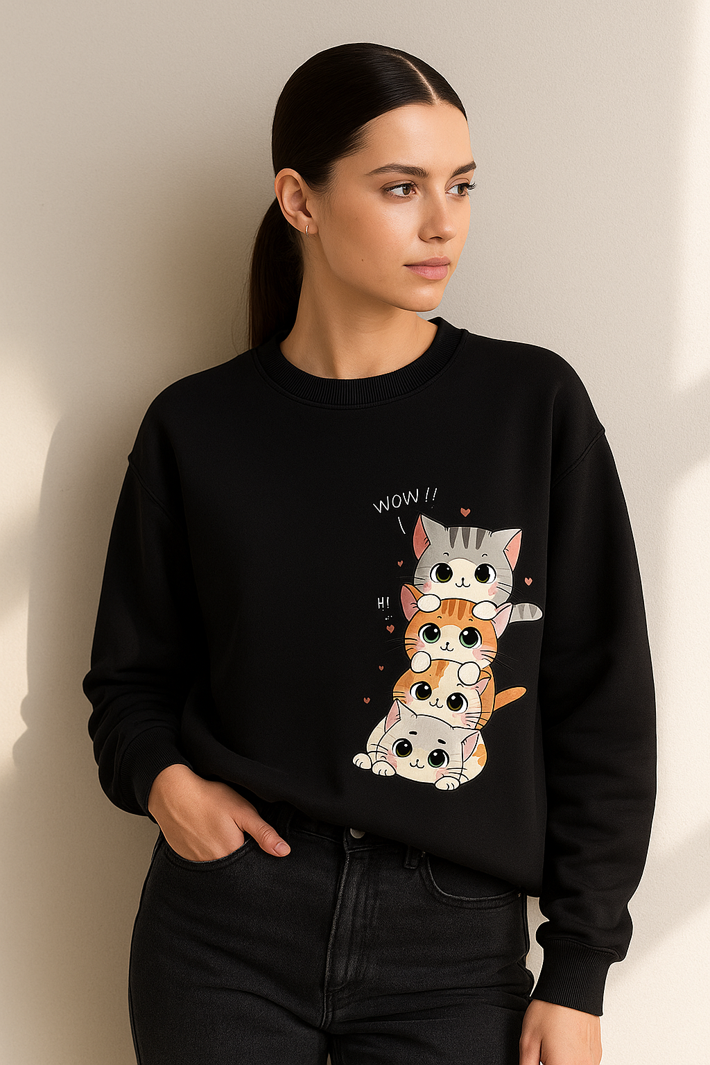 Cute Cat Stack Graphic Black Sweatshirt