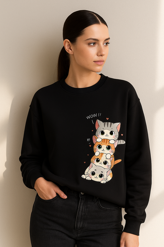 Cute Cat Stack Graphic Black Sweatshirt