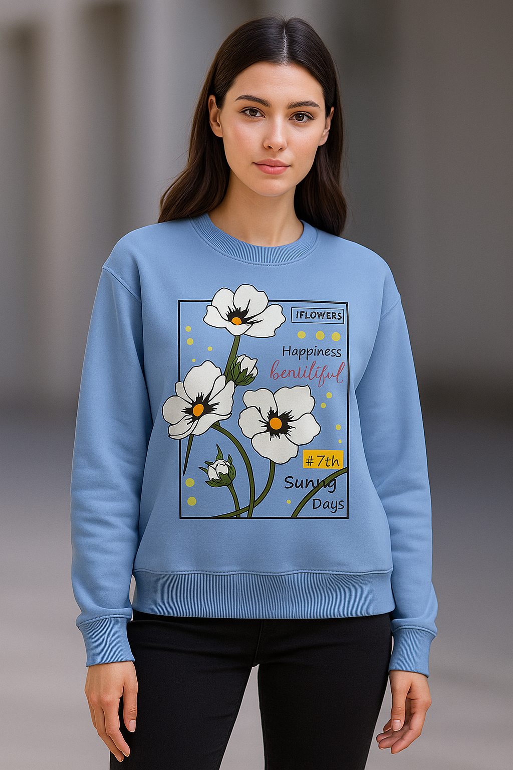 Blue Fleece Sweatshirt – Floral “Sunny Days” Print