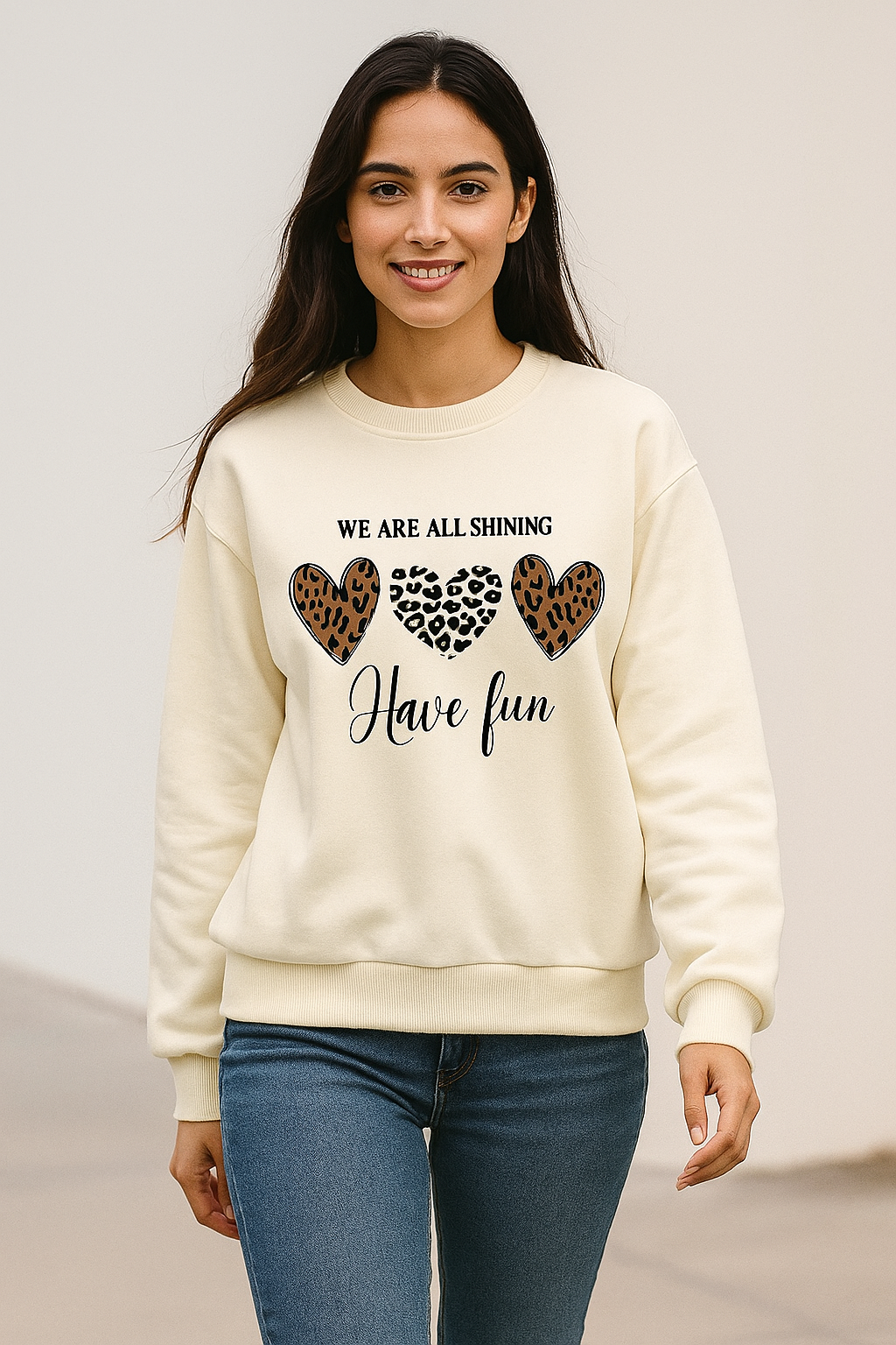 Cream Fleece Sweatshirt – “Have Fun” Leopard Heart Print