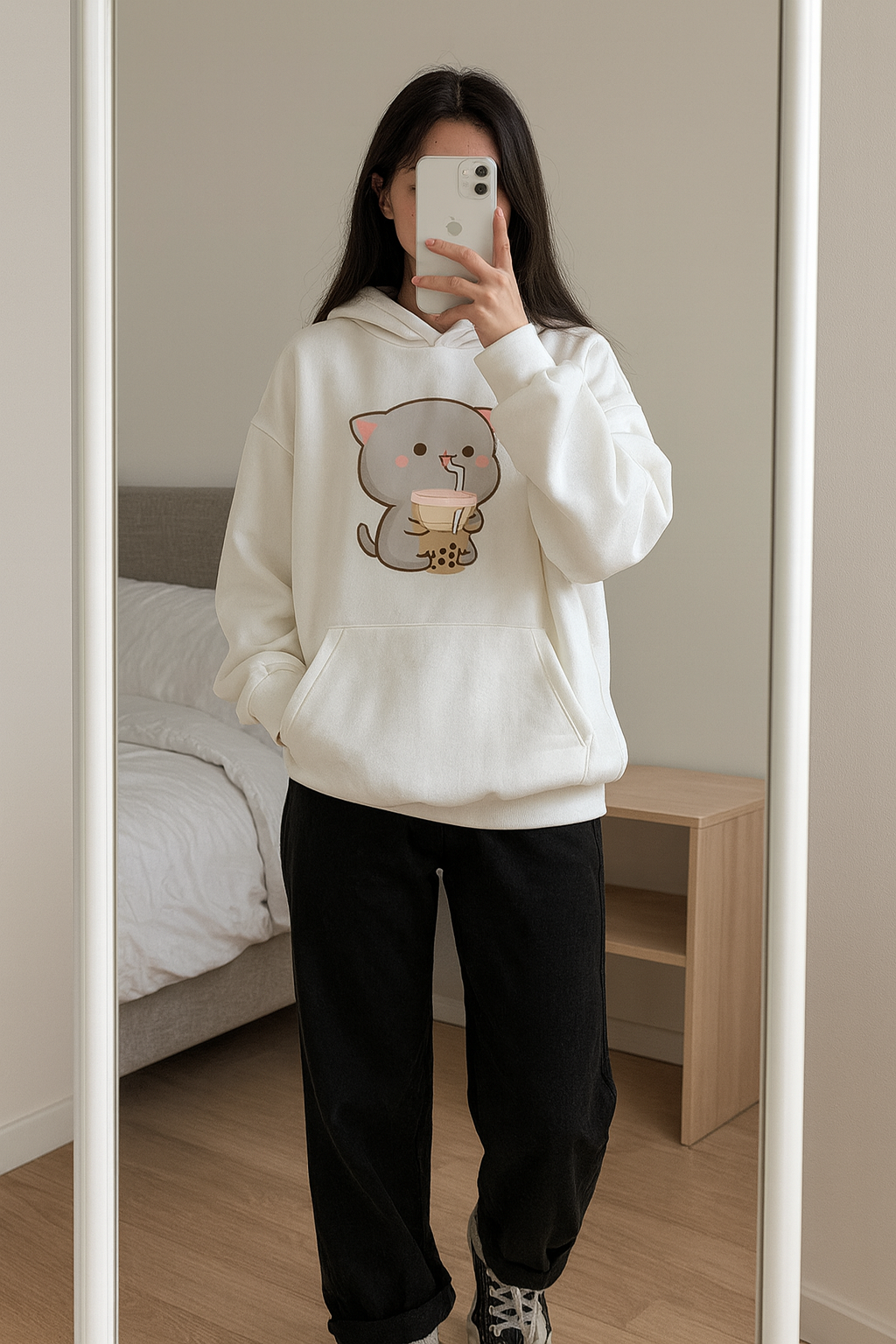 Cute Cat Fleece White Hoodie for Girls