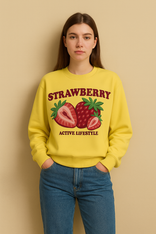 Strawberry Printed Lime Yellow Sweatshirt