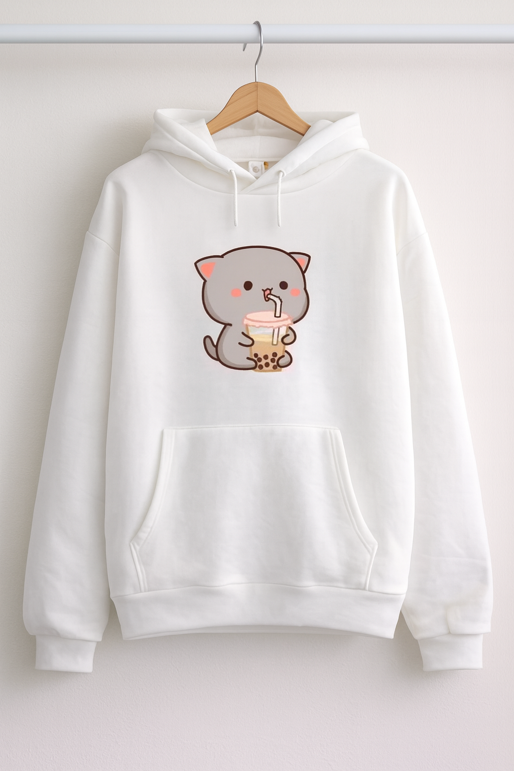 Cute Cat Fleece White Hoodie for Girls