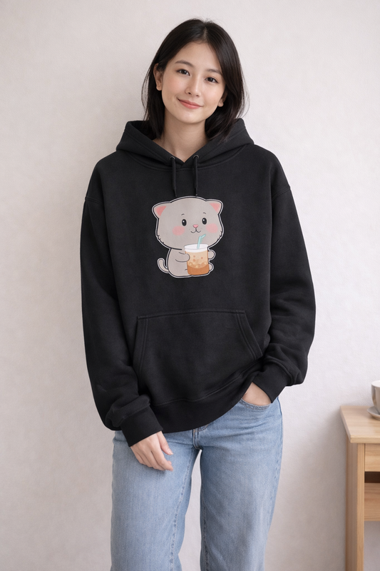 Cute Cat Fleece Black Hoodie for Girls