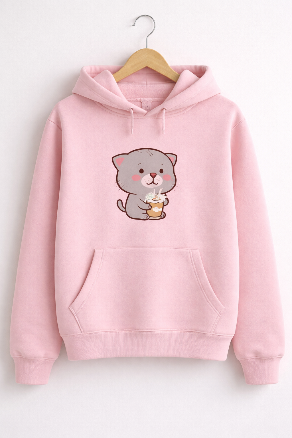 Cute Cat Fleece Pink Hoodie for Girls