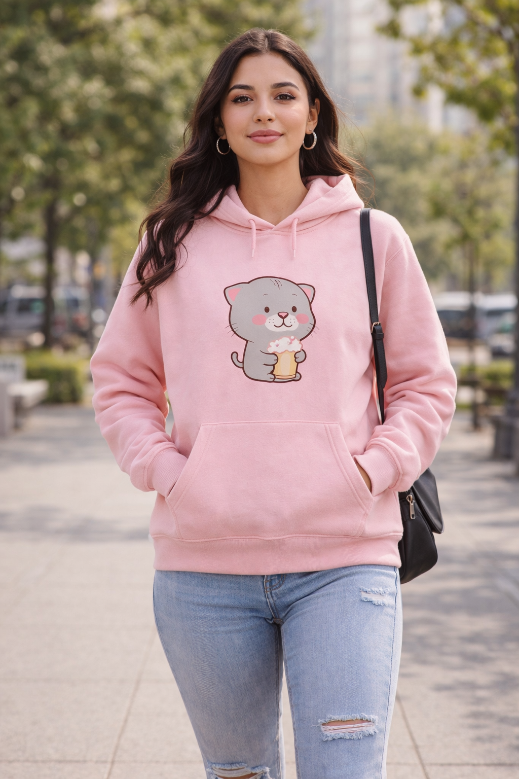 Cute Cat Fleece Pink Hoodie for Girls