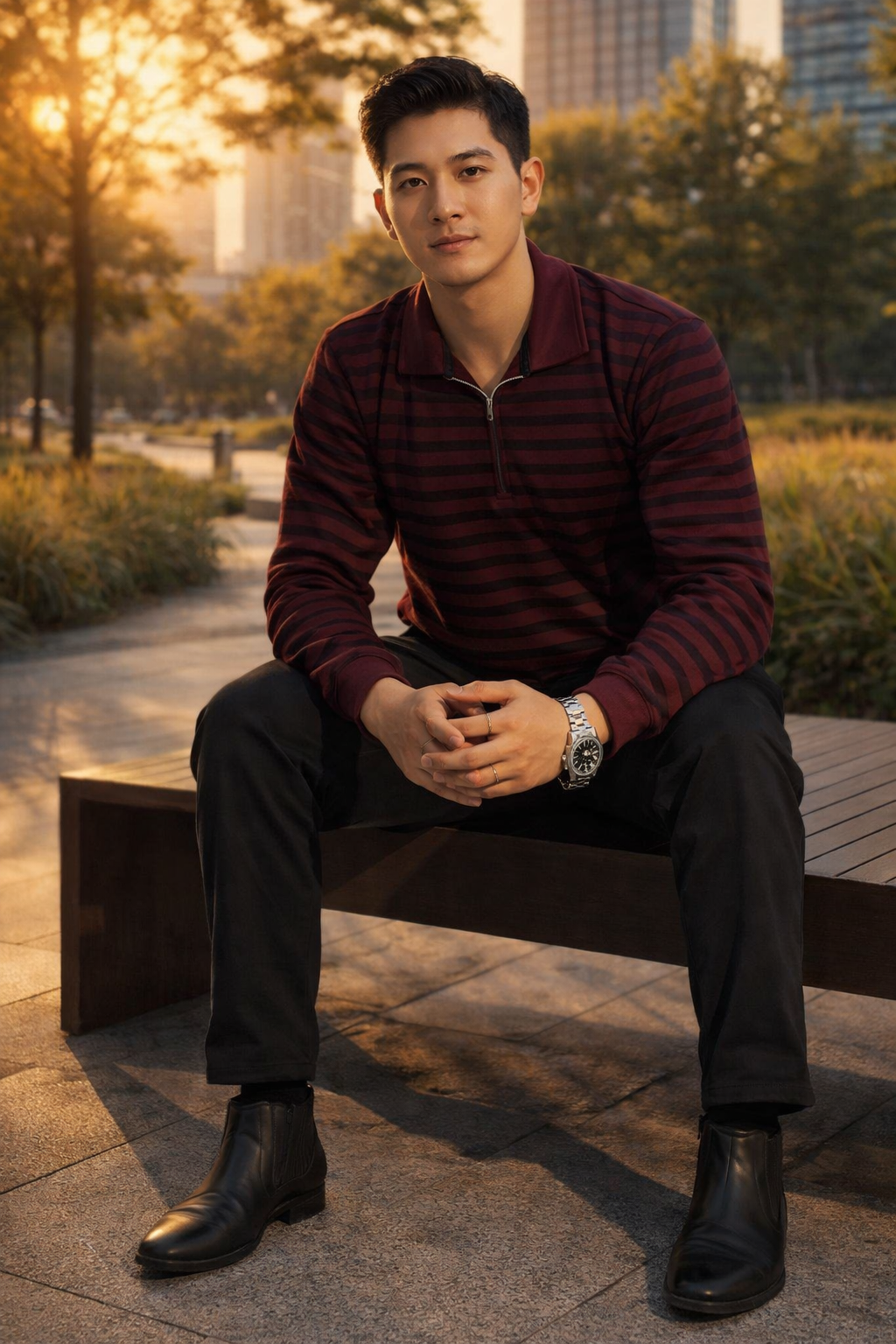 Men’s Maroon Striped Quarter Zip Polo – Premium Smart Casual Wear