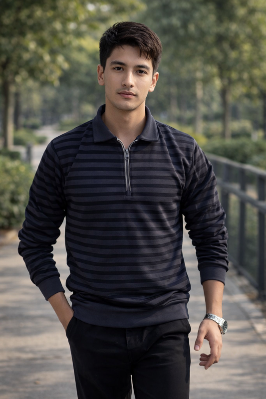 Men’s Navy Blue Striped Quarter Zip Polo – Modern Slim Fit
