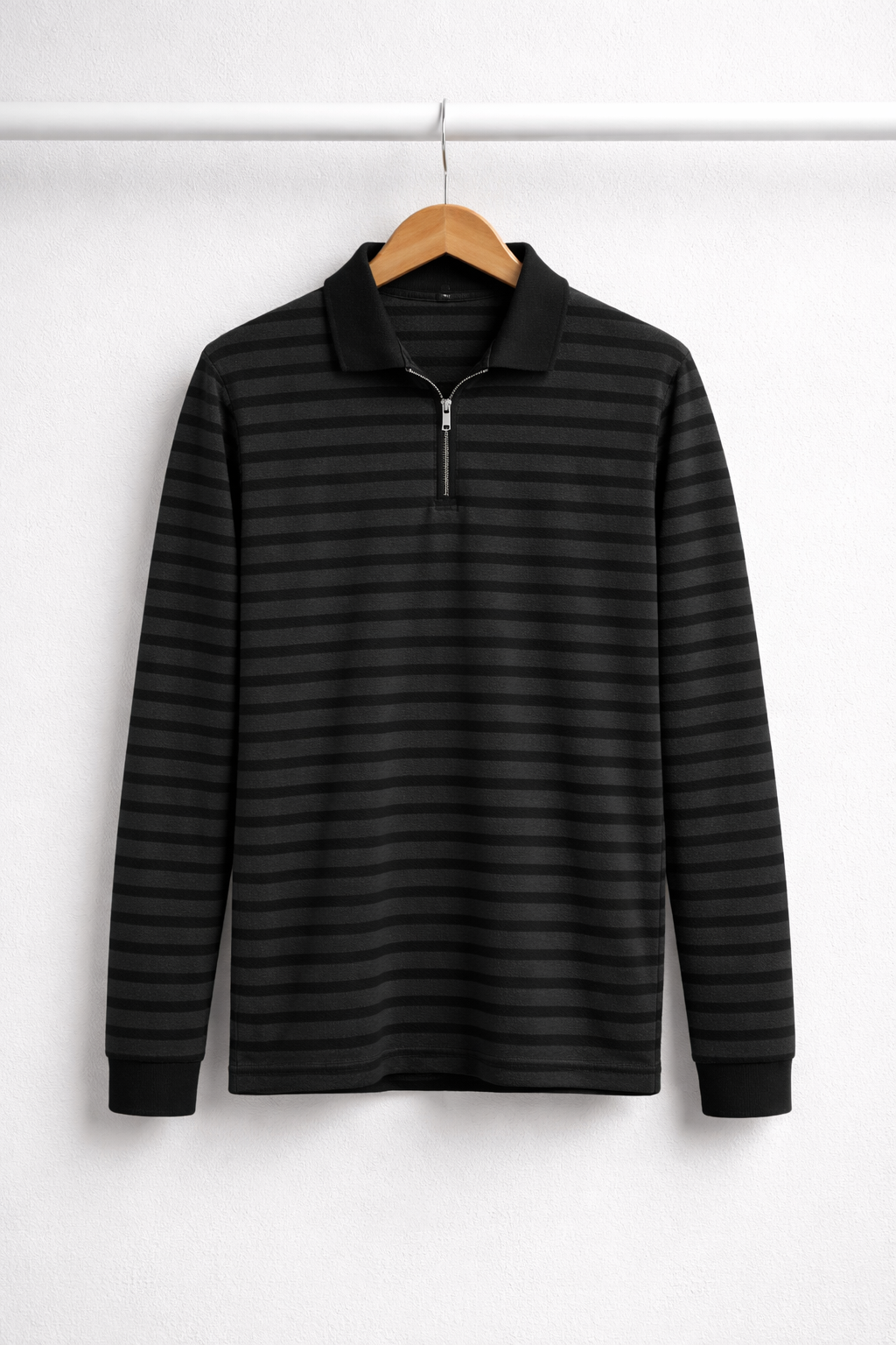 Men’s Navy Blue Striped Quarter Zip Polo – Modern Slim Fit