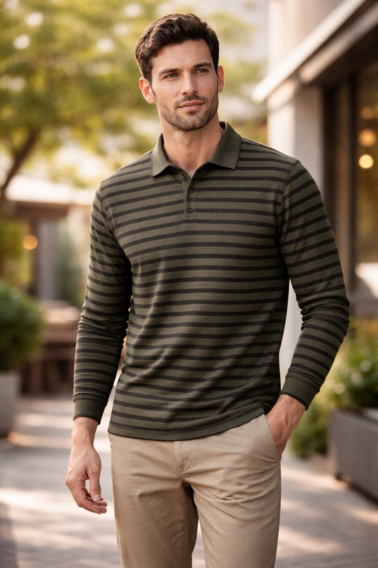 Men’s Olive Green Striped Long Sleeve Polo Shirt – Premium Casual Wear