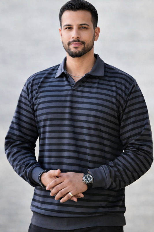 Navy Blue Striped Long Sleeve Polo Shirt