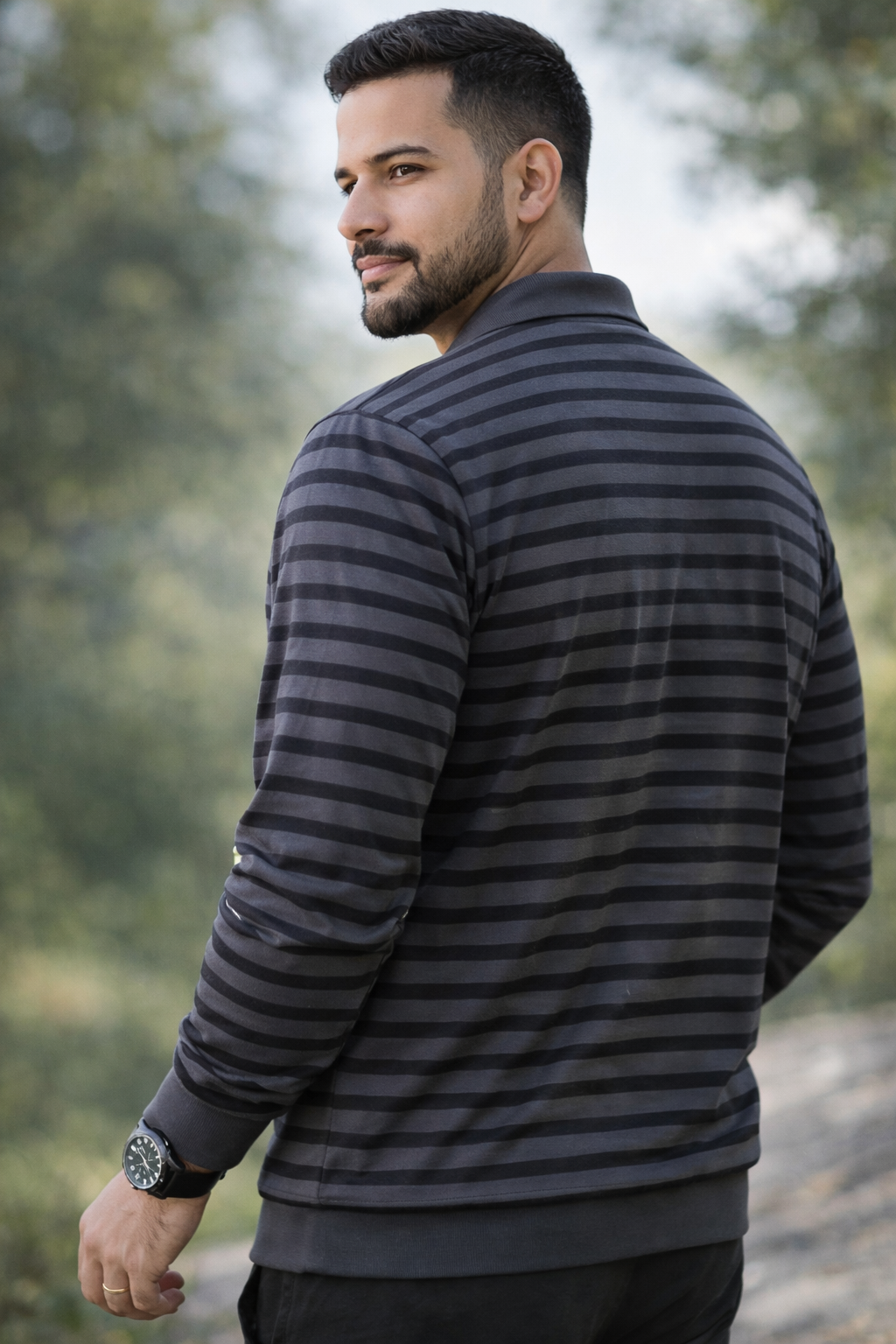 Navy Blue Striped Long Sleeve Polo Shirt