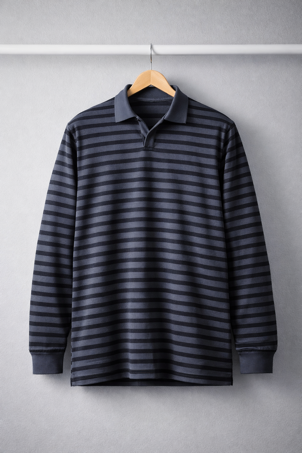 Navy Blue Striped Long Sleeve Polo Shirt
