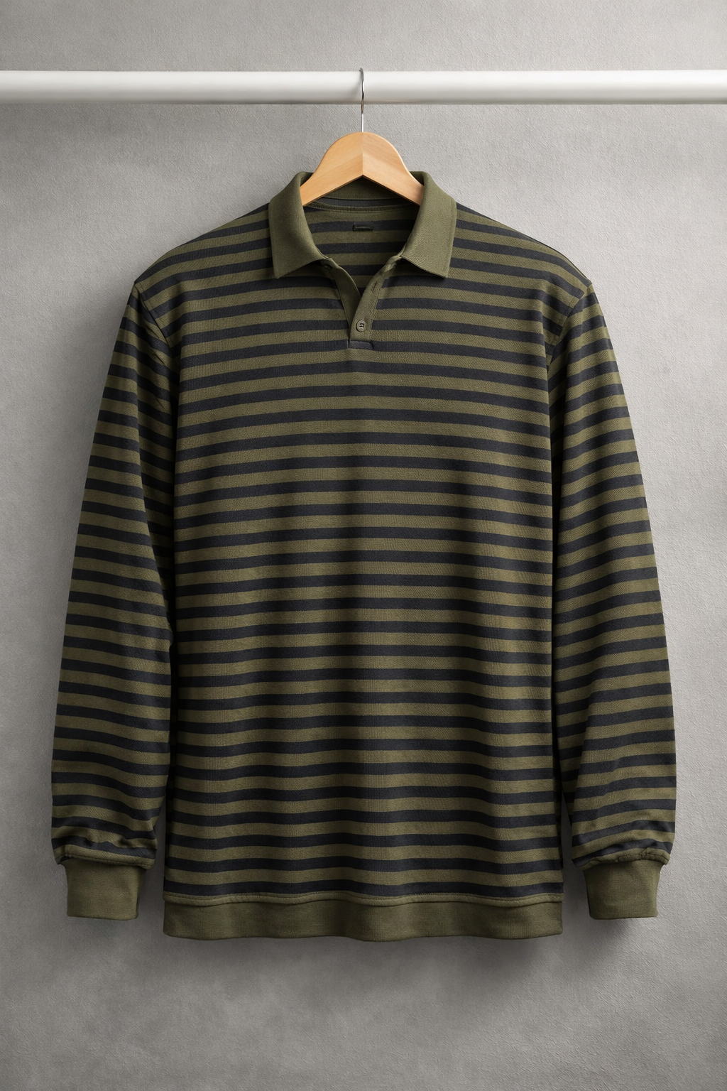 Olive Green Striped Long Sleeve Polo Shirt