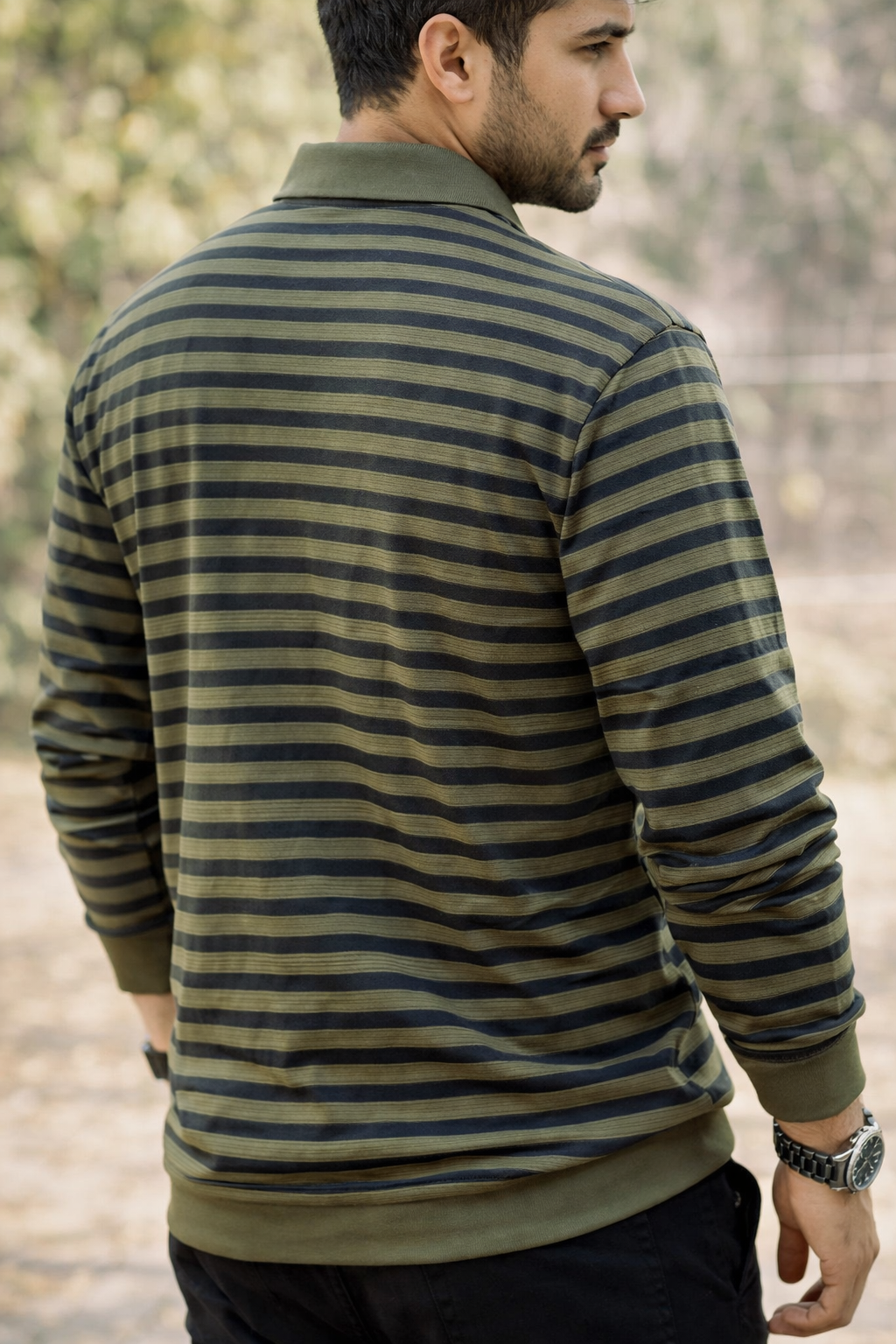 Olive Green Striped Long Sleeve Polo Shirt