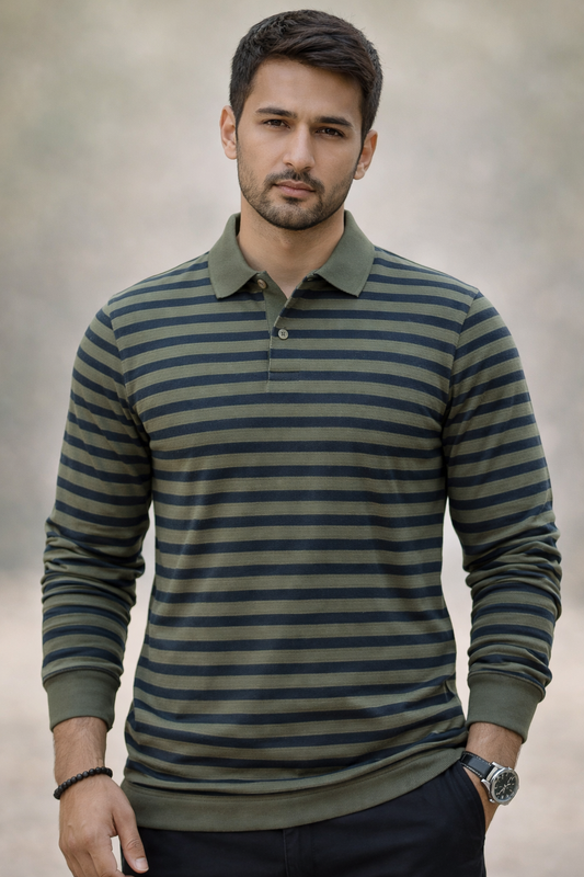 Olive Green Striped Long Sleeve Polo Shirt