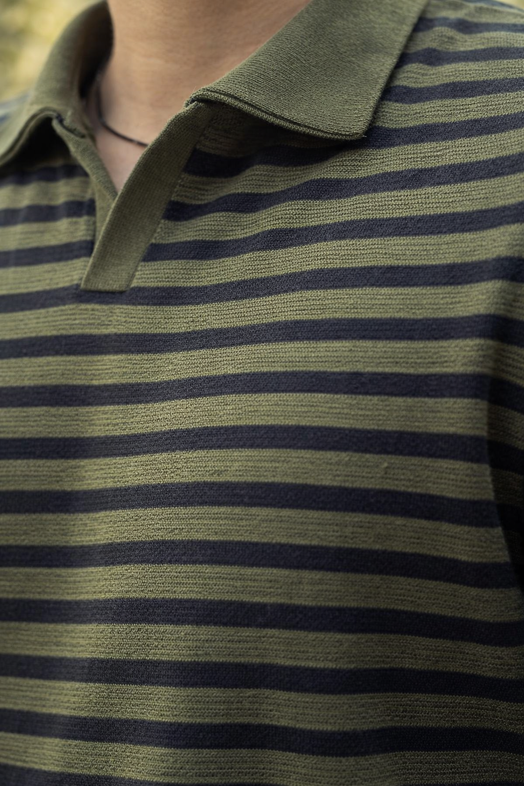 Olive Green Striped Long Sleeve Polo Shirt