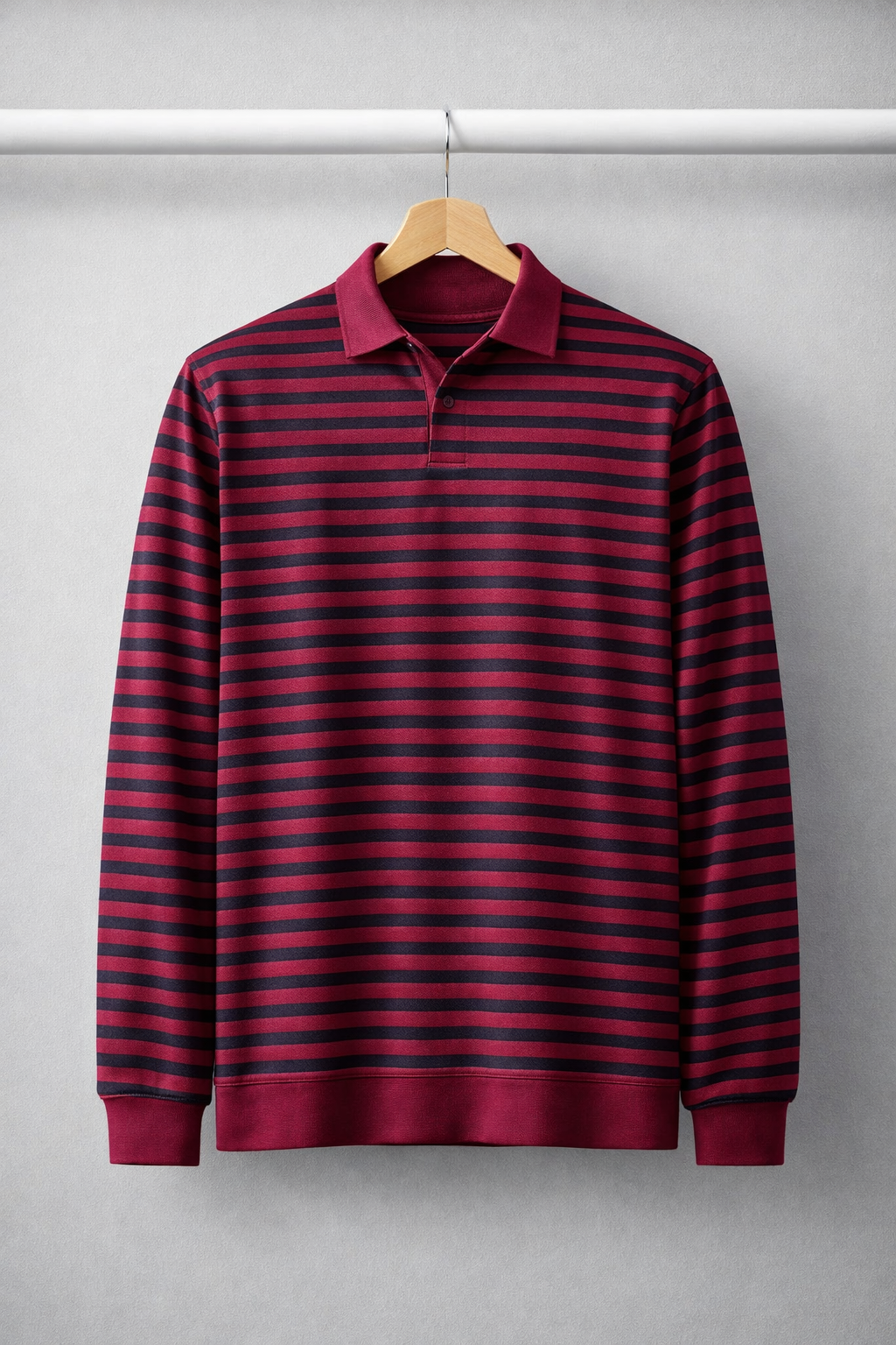 Maroon Striped Long Sleeve Polo Shirt