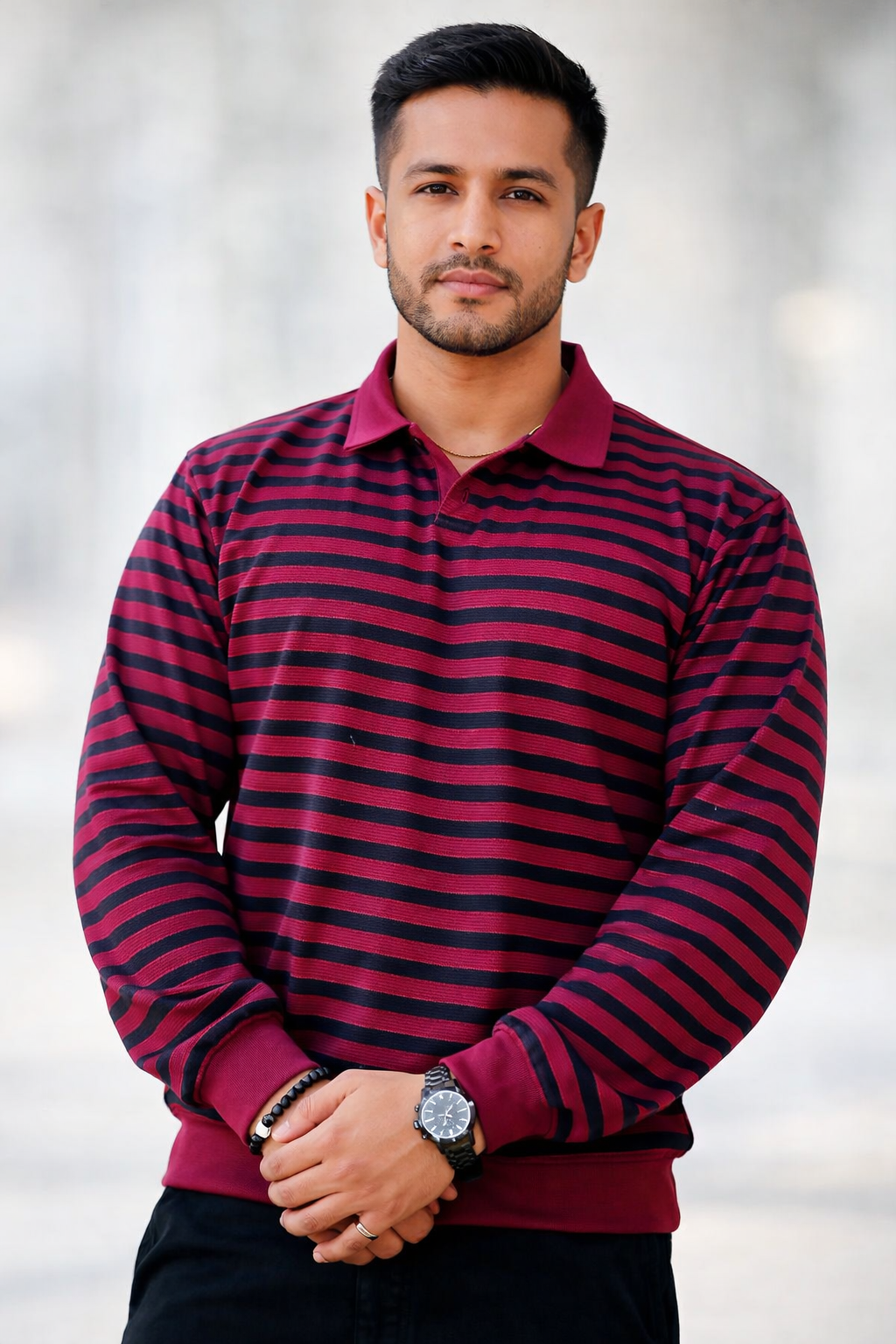 Maroon Striped Long Sleeve Polo Shirt