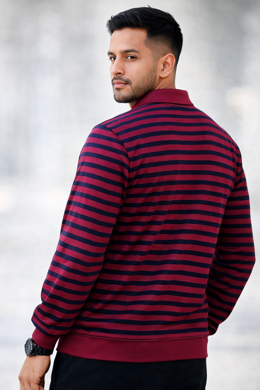 Maroon Striped Long Sleeve Polo Shirt