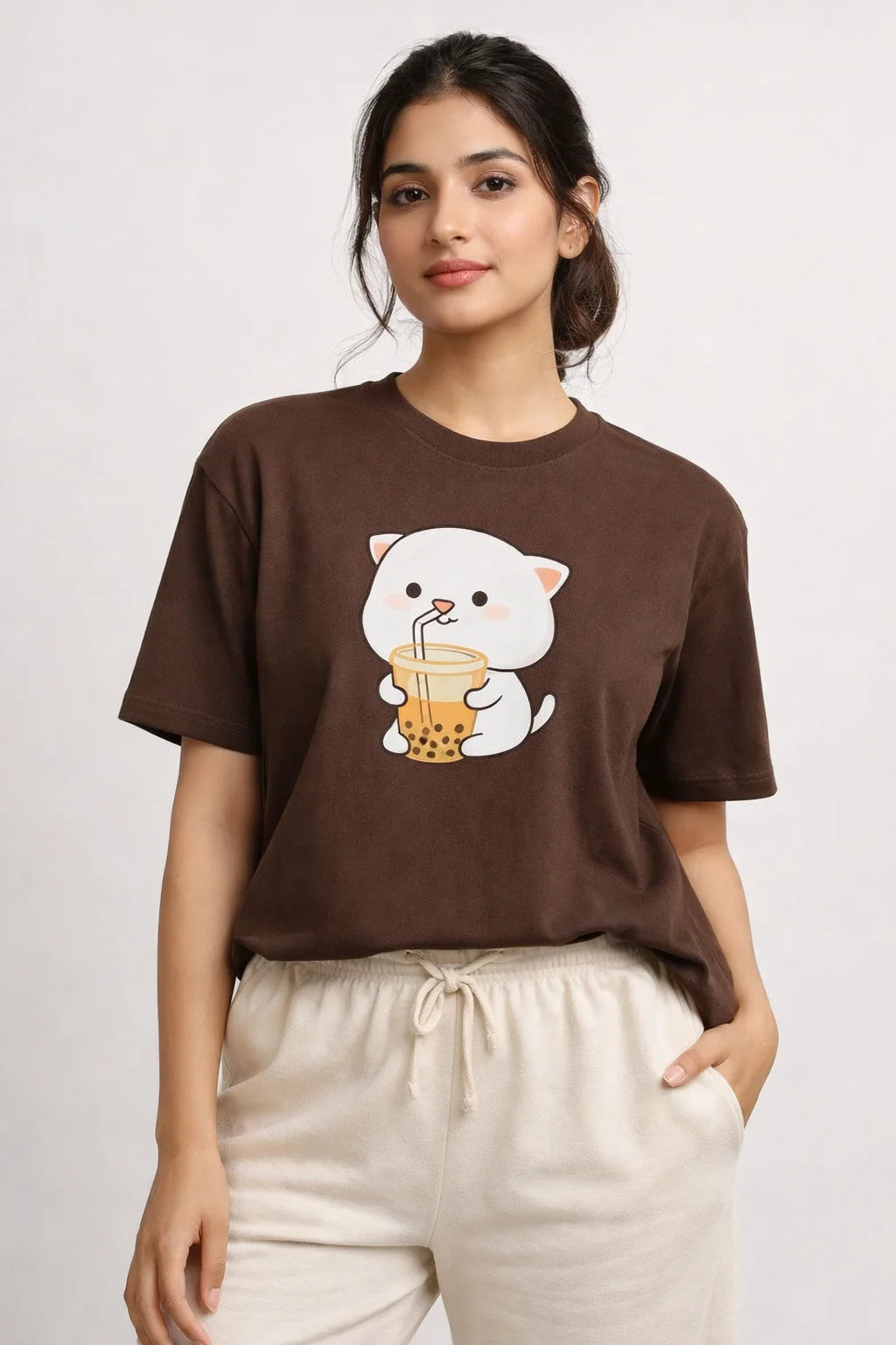 Oversized Brown Graphic T-Shirt | Kawaii Boba Cat Streetwear
