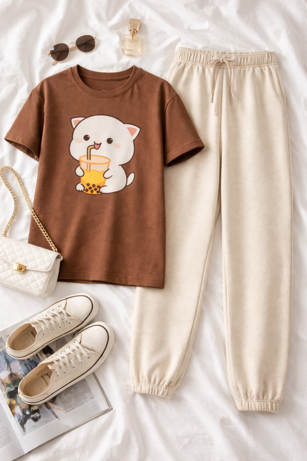 Oversized Brown Graphic T-Shirt | Kawaii Boba Cat Streetwear