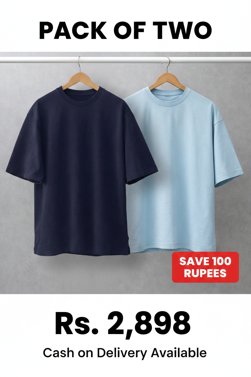 Men's Pack of 2 T-Shirts Combo - Drop Shoulder Oversized Fit | Navy & Sky Blue