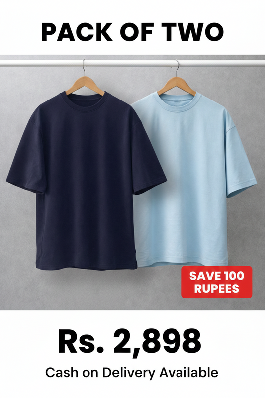 Men's Pack of 2 T-Shirts Combo - Drop Shoulder Oversized Fit | Navy & Sky Blue