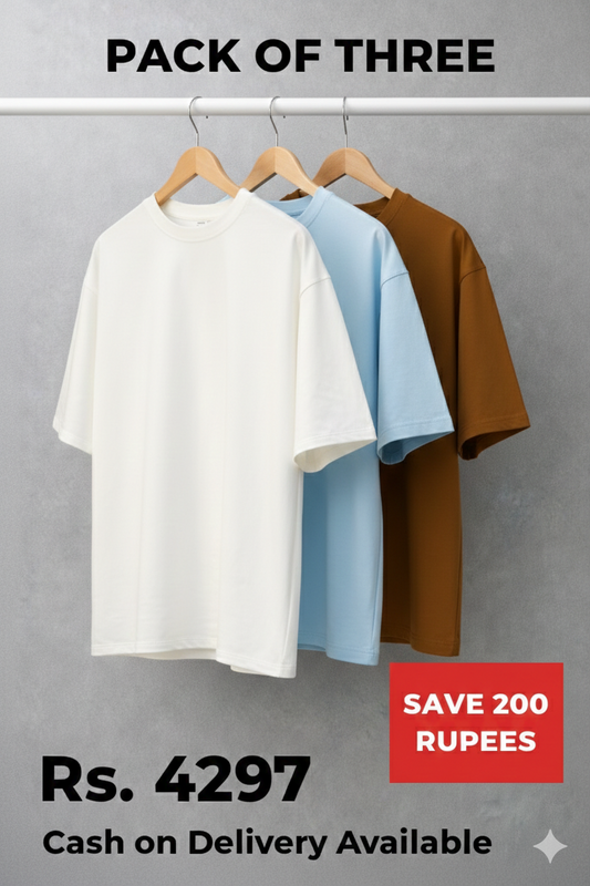 Men's Pack of 3 T-Shirts Combo - Drop Shoulder Oversized Fit | White, Sky Blue & Brown