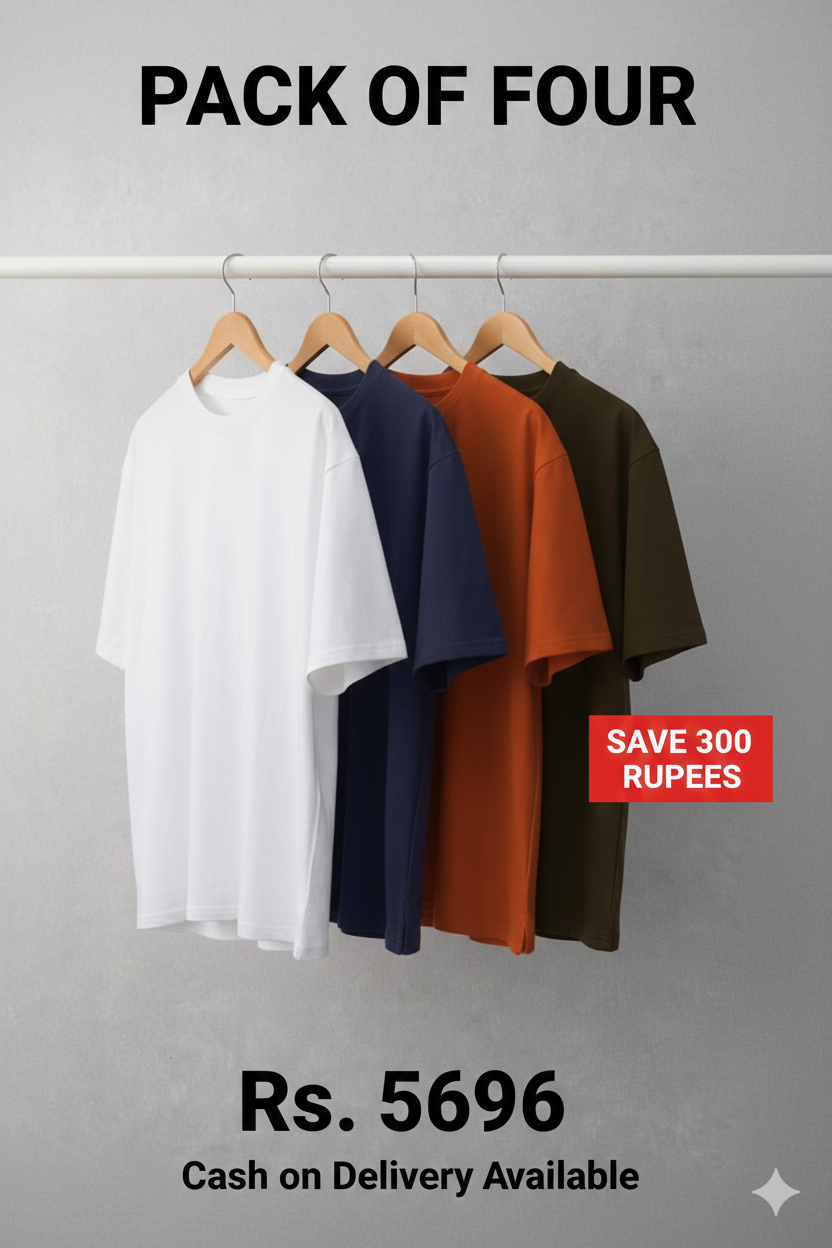 Pack of 4 Premium Drop Shoulder T-Shirts - Save Rs. 300 | Men's Oversized Tees