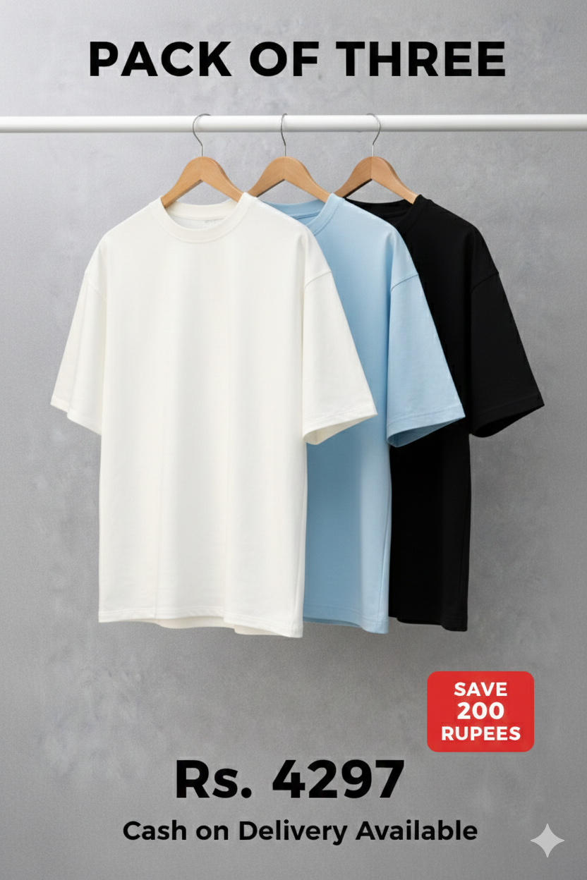 Men's Pack of 3 T-Shirts Combo - Drop Shoulder Oversized Fit | White, Sky Blue & Black